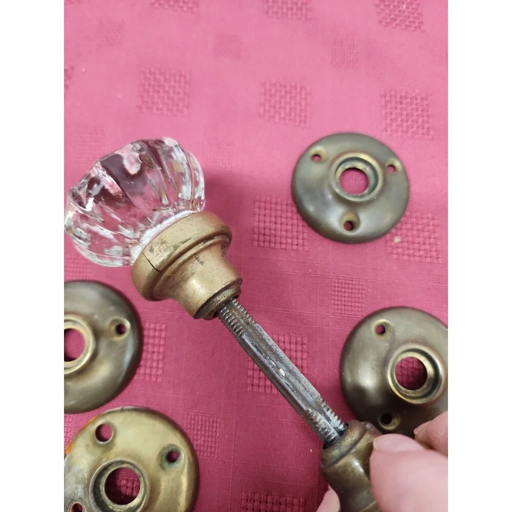 Vintage 12 Point Crystal Door Knob Sets With Spindle And Bezels Lot Of 2 ~ 1930s